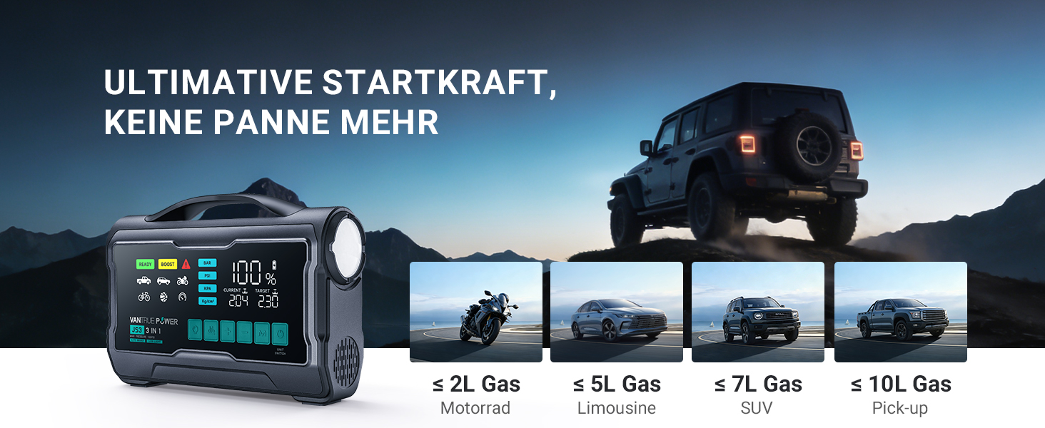 Пусковий пристрій (бустер) VANTRUE POWER JS3 для авто з компресором 160 PSI та функцією Powerbank, чорно-сріблястий