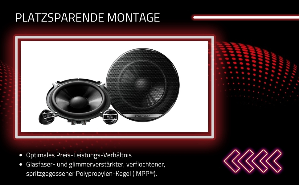 Автомобільна акустика Pioneer TS-G130C 13 см, 250 Вт, 2-смугові компонентні динаміки, потужний звук, IMPP-дифузор, оптимальний бас, 40 Вт RMS, монтажна глибина 44 мм, чорні, 2 шт.