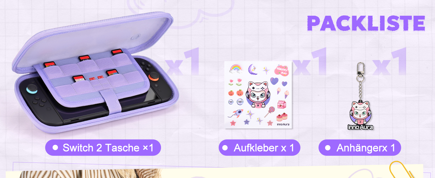 Чохол для Nintendo Switch 2 innoAura Switch 2 Tasche, фіолетовий (Galaxy Lila) - водостійкий, з амортизацією, відділенням для AirTag та великою сітчастою кишенею