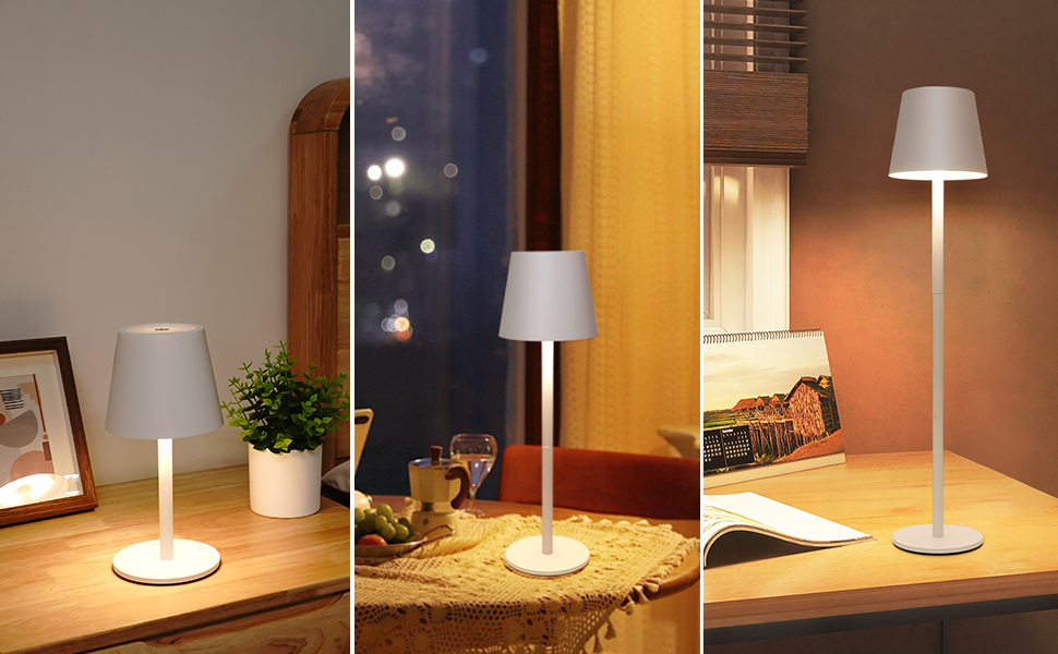 LED настільна лампа акумуляторна бездротова з сенсорним керуванням, USB-C, димування, 3 режими світла, регульована висота, IP54 водонепроникна для ресторану, спальні, бару, вулиці - біла