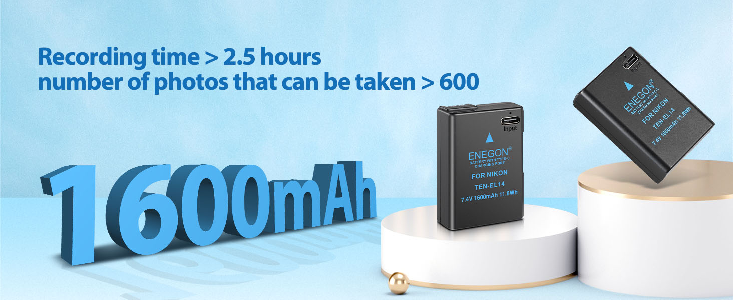 Зарядний пристрій ENEGON EN-EL14 20W з подвійним акумулятором, швидка зарядка, сумісний з Nikon D3100, D3200, D3300, D3400, D3500, D5100, D5200, D5300, D5500, D5600, Coolpix P7000, P7100, DF, LCD-дисплей, 2 USB-C для прямої зарядки камер