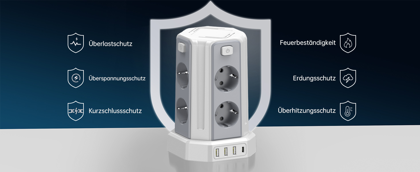Многорозеткова мережева панель Sameriver з 4 USB, захист від перенапруги, з вимикачем, 8 розеток, 5 м, біла