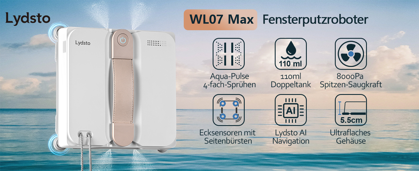 Робот для миття вікон Lydsto WL07Max з розпилювачем, 8000Pa, 4 режими, 110 мл, для кутів, білий
