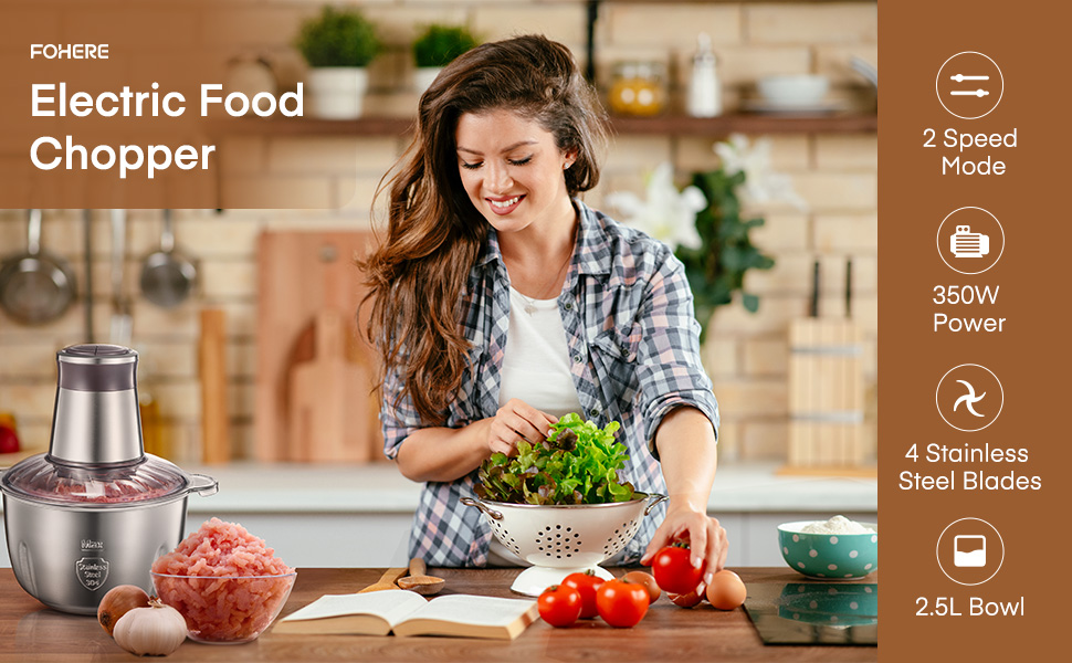 Електричний подрібнювач FOHERE для кухні, 350W, з чашею 2.5л з нержавіючої сталі та 2 швидкостями, 4 леза з нержавіючої сталі для м'яса, цибулі та овочів