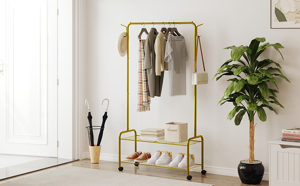 Clothes rack with 2-tier shelf, 3-in-1 design, clothes rack with 4 wheels, coat rack with 4 hooks for bags, Gold GR07499A