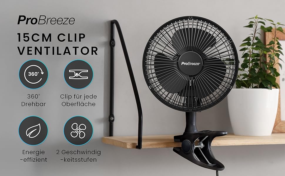 Mini вентилятор Pro Breeze з кліпсою, 20 см, 2 швидкості, тихий, для столу, офісу, кімнати (Чорний)