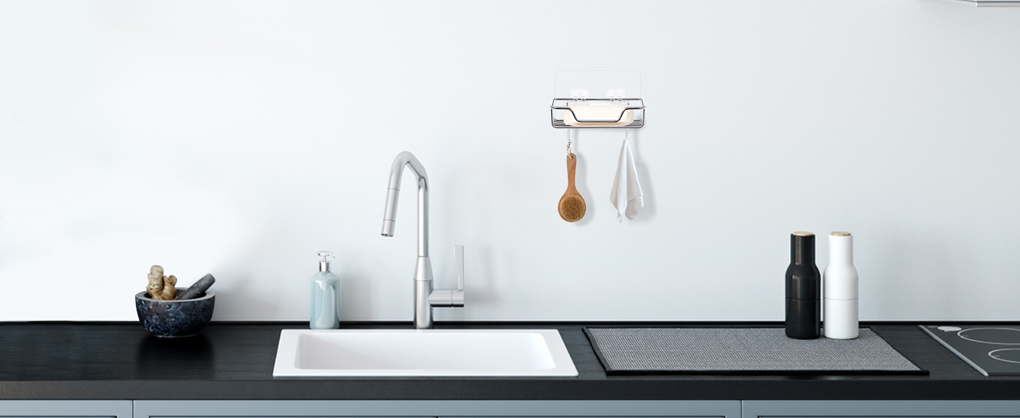 Тримач для мила без свердління Uten, нержавіюча сталь, самоклеючий, з 2 гачками, для мила та губки, для душу, ванної кімнати, кухні, сріблястий