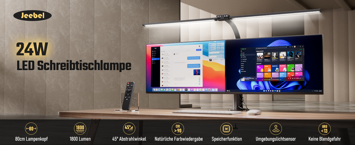 LED лампа для столу Jeebel 24W з двома головками, диммування, 1800LM, 80см, пульт ДК, 10 кольорів, 10 рівнів яскравості, для офісу