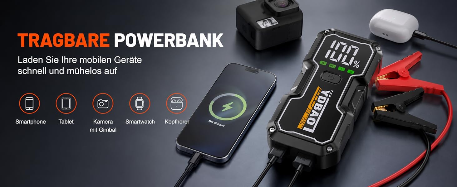Powerbank для автомобіля 8000A, пусковий пристрій для акумулятора 12V з LED-дисплеєм та клемами, бустер для бензину/дизеля (до 10л), чорний