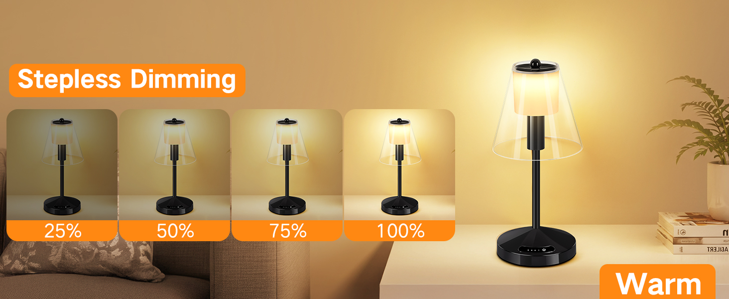 OUTON Бездротова LED-лампа настільна з торканням, регулювання яскравості, 3 режими кольору (3000K–6000K), акумулятор 4000mAh, USB-C, до 120 годин роботи, пам'ять, для спальні, бару та декору, чорна