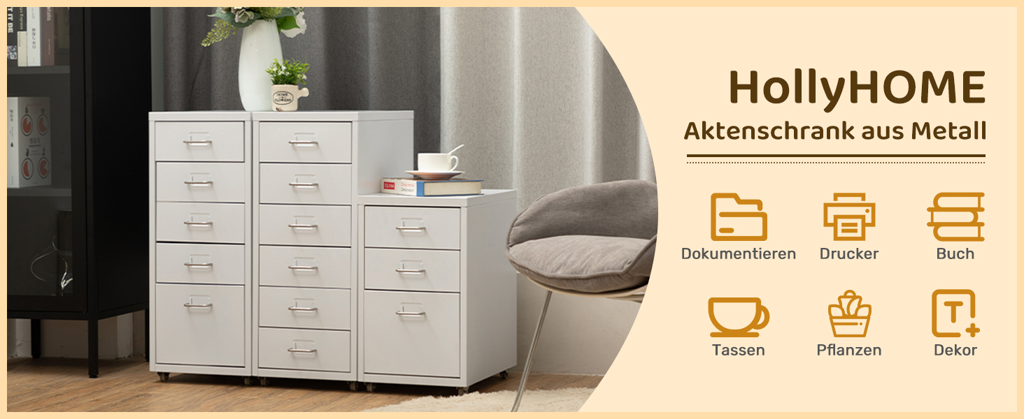 Металевий мобільний офісний шафа HollyHOME з 5 шухлядами на колесах, білий – органайзер для документів для дому, офісу та школи