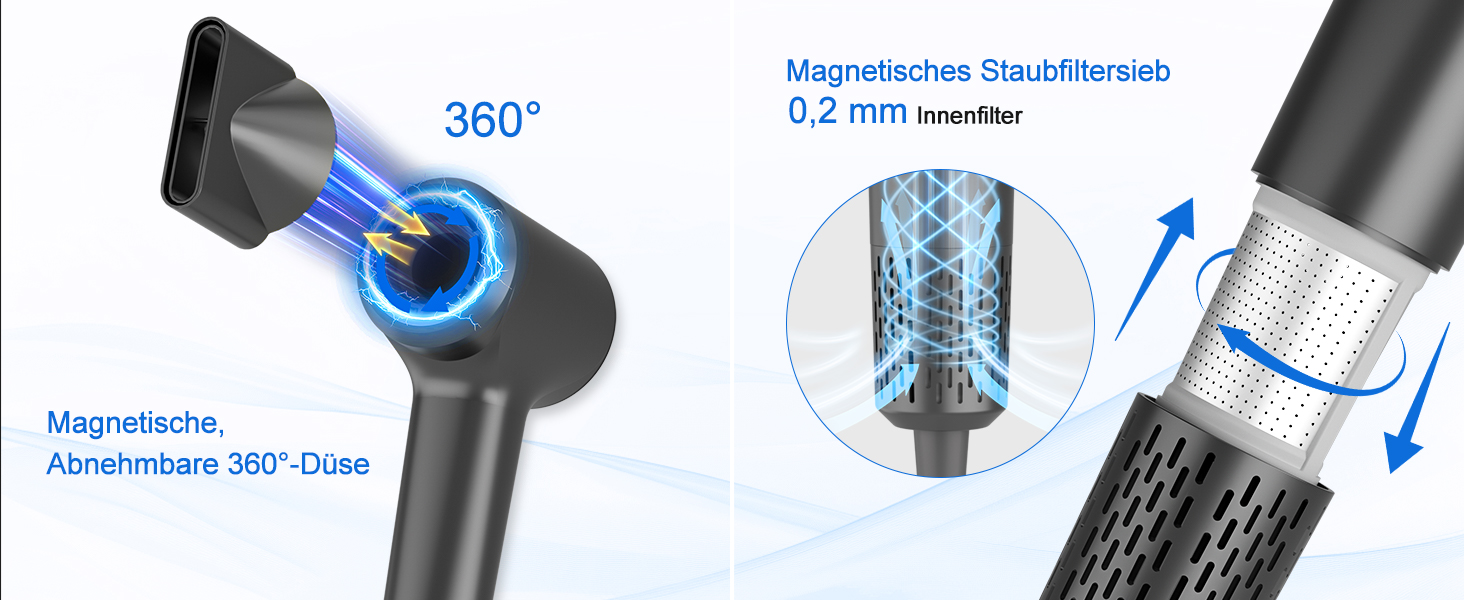 Фен для волосся з плазмою та безщітковим мотором 110 000 об/хв – швидке сушіння, тиха робота, з магнітною насадкою, для дому та подорожей (темно-сірий)