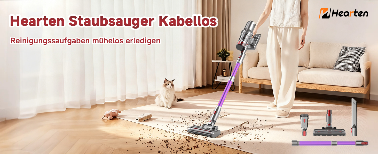 Бездротовий пилосос Hearten 4-в-1 з акумулятором, LED-дисплеєм та щіткою проти намотування, керуванням в один дотик, LED-підсвічуванням для шерсті тварин/килимів/твердих підлог, фіолетовий