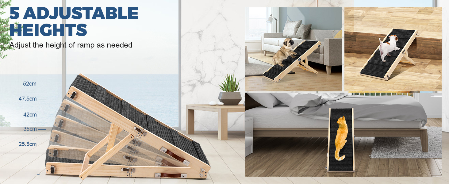 Складана дерев'яна пандус для собак – для ліжка, дивана, авто. Регульована висота 25-52 см, довжина 83 см, ширина 35 см, антиковзка поверхня