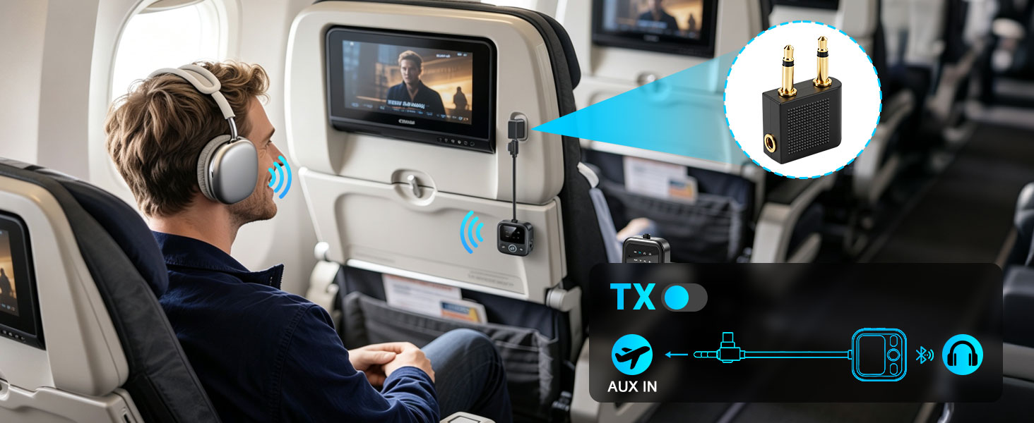 Bluetooth-адаптер 6.0 2-в-1 для літака та авто: ресивер та трансмітер для навушників, AirPods та колонок