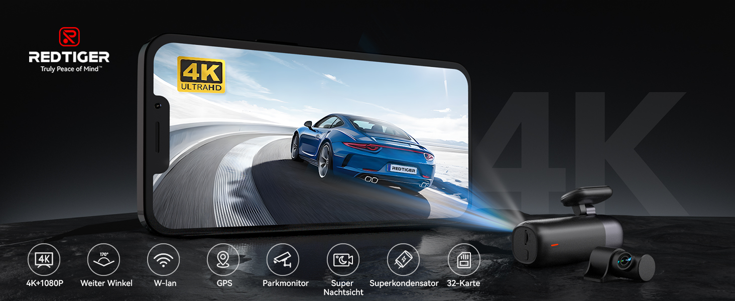 Відеореєстратор REDTIGER F9: 4K/1080P, WiFi, GPS, 32GB карта, запис по колу, нічне бачення, паркувальний режим, керування через додаток, підтримка до 256GB