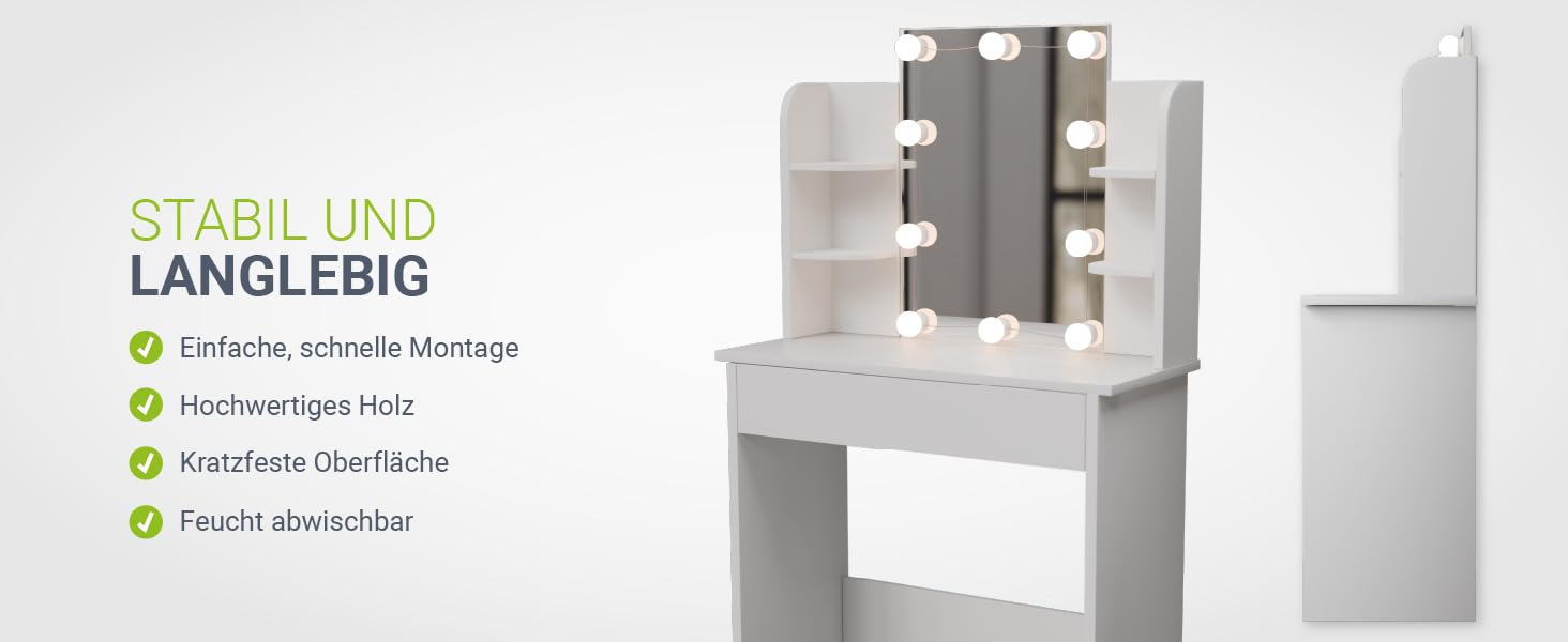 Туалетний столик Juskys Zoey з LED підсвіткою, дзеркалом, шухлядою, 3 відділеннями та шафкою, 90x38x137 см, білий, дерев'яний косметичний стіл