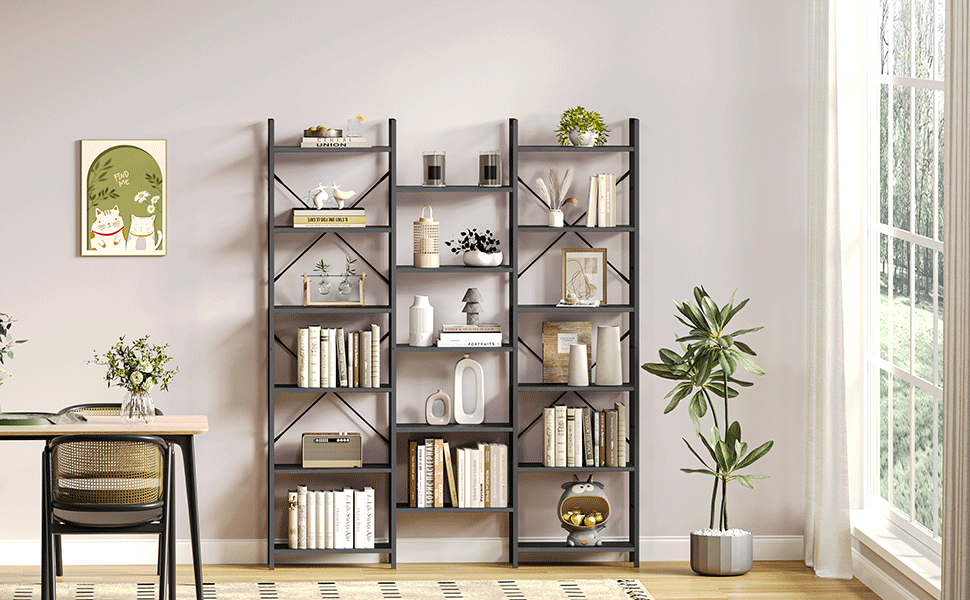 Книжкова шафа Hzuaneri з 17 полицями, 6 ярусів, регульовані полиці, 24x152x186 см, навантаження 340 кг, чорна з деревною текстурою, для вітальні та офісу