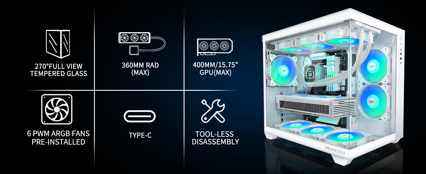 Корпус ПК ATX MUSETEX Y6 з 6 PWM ARGB вентиляторами, підтримка 360мм радіатора, Type-C, скляна панель 270°, білий