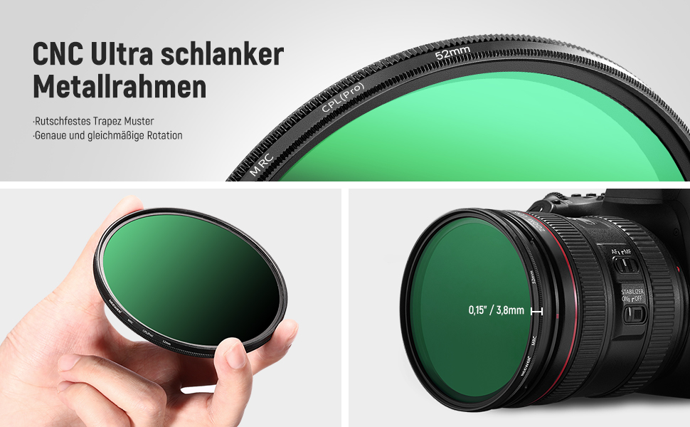 NEEWER Поляризаційний фільтр (Полярізатор) CPL, 52mm, з 30-шаровою плівкою, зменшує відблиски та покращує контраст