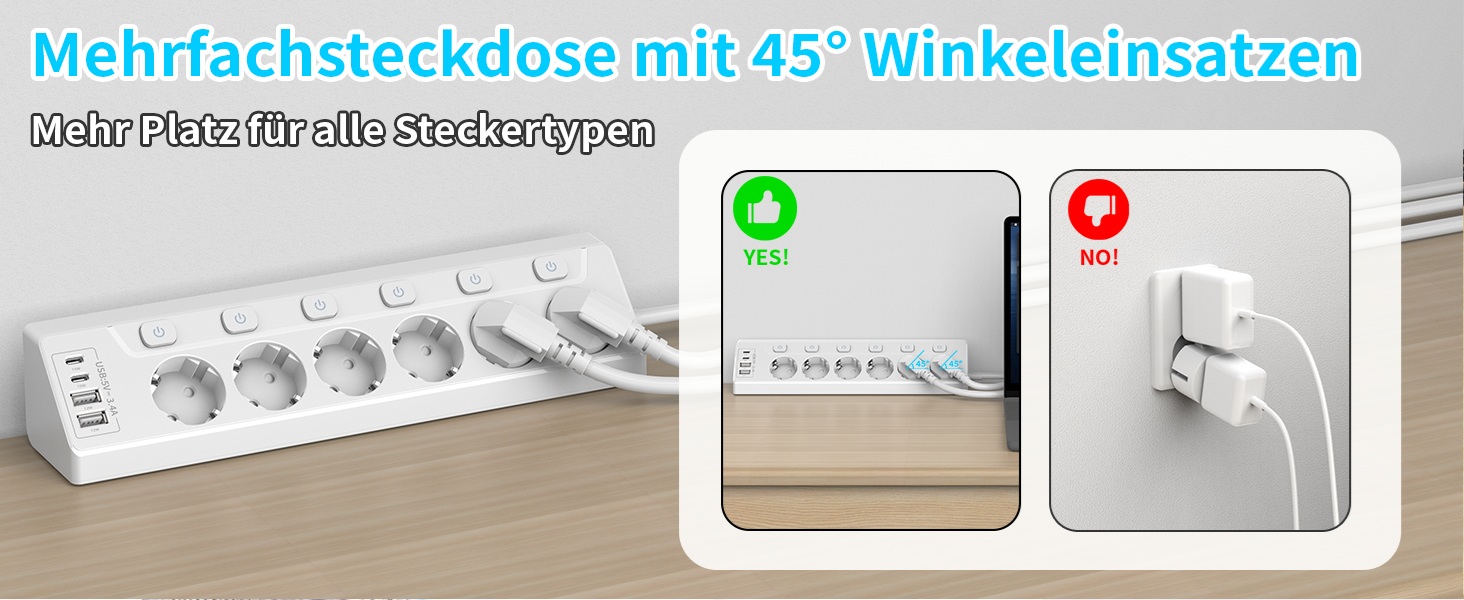 Розподільник розеток з захистом від перенапруги, 6 розеток, USB-C, 2м кабель, 4000W, 16A, для кухні, дому, офісу (білий)