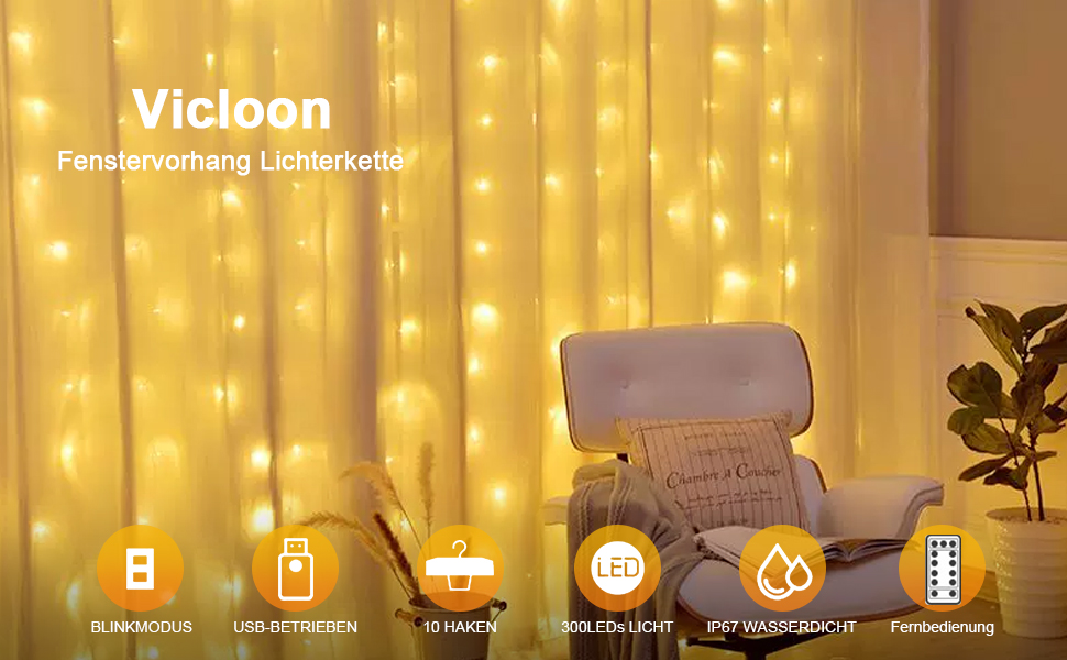 Ланцюжок прикрас Vicloon, 10м, 100 LED, з пультом та таймером, 8 режимів, IP65, теплий білий, для прикраси інтер'єру та екстер'єру, для святкування, 2 в 1 (USB & батарейка)