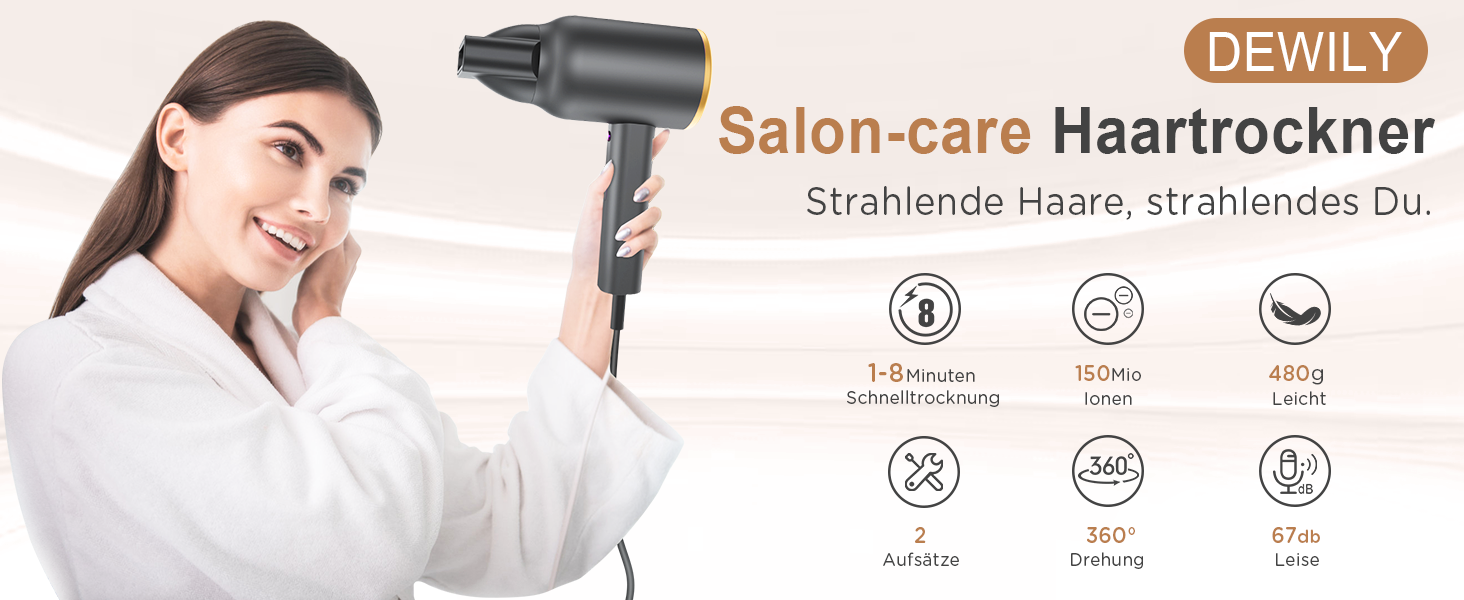 Іонний фен з насадкою-дифузором DEWILY 1800W, Швидке сушіння, Кнопка холодного/гарячого повітря, Термостат, 3 температури, 2 швидкості, Концентратор, Фен для локонів (Чорний+Золотий)