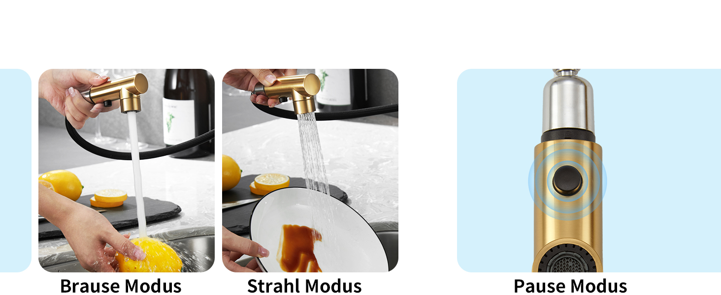 Кран кухонний CREA з 3 функціями: душ, висувний вилив, поворот на 360°, матовий золотий