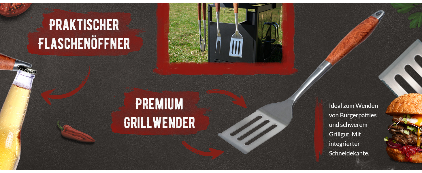 Набір гриль-посуду Grillart® Premium: 3 предмети з нержавіючої сталі та дерев'яними ручками (щипці, лопатка, виделка)