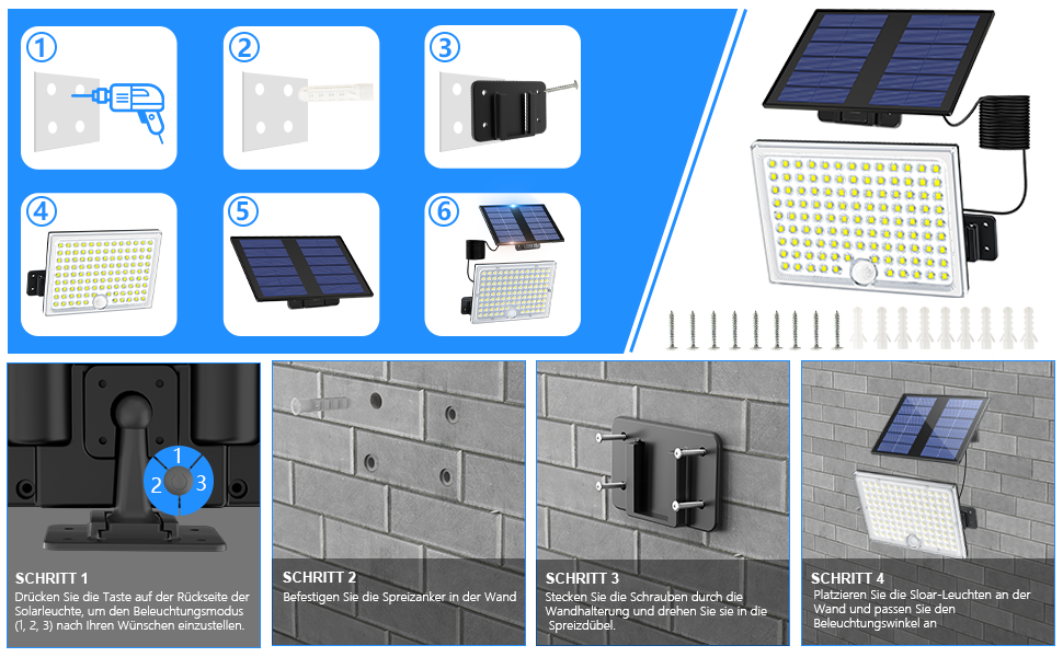 Solar Lights for Outdoors, Solar Light with Motion Sensor, 113 LED Solar Spotlight IP65 Waterproof Solar Split Wall Light with 5m Cable for Garage, Garden, Yard, Steps, Doorways, Lawn - 2 Pack