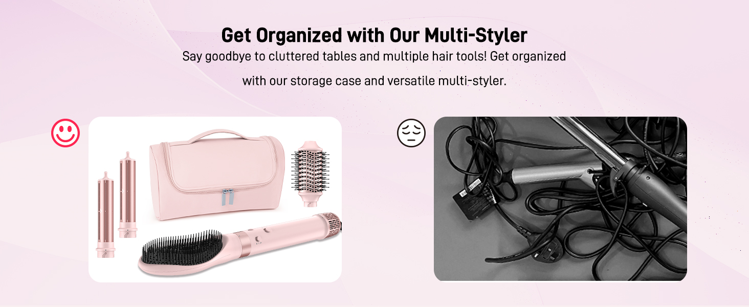Фен-стайлер 5-в-1 для волосся з іонізацією, набір з насадками, швидка сушка, локони, випрямлення, об'єм, без пошкодження волосся, 100–240V, з сумкою, рожевий