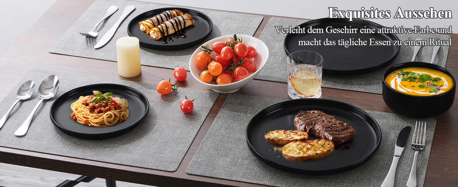 Набір посуду Joyfair на 6 осіб, 18 предметів: тарілки, миски, десертні тарілки, чорний колір, кераміка, для посудомийної машини та мікрохвильової печі