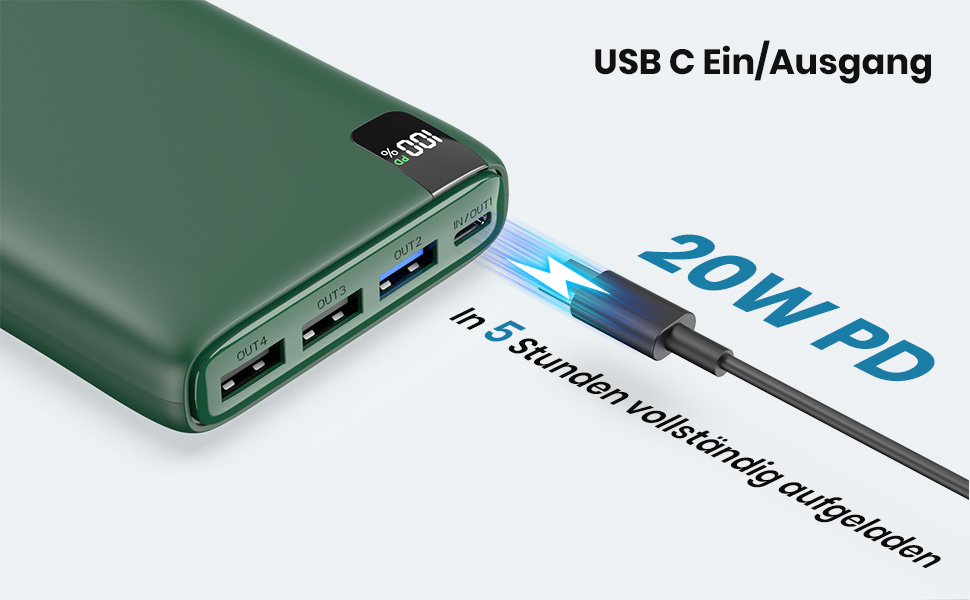 Power Bank Riapow 26800mAh: Швидка зарядка USB-C, 4 порти, LED-дисплей, для смартфонів та планшетів (зелений)