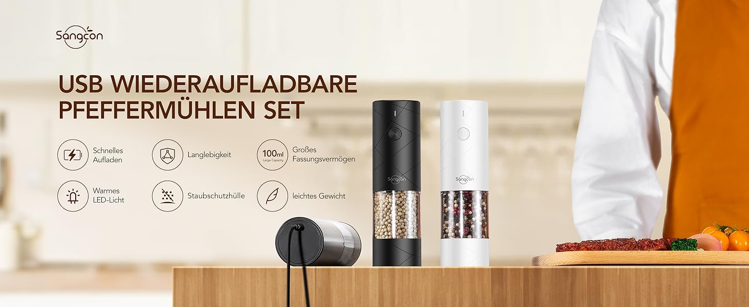 Sangcon електричні млинки для солі та перцю, 2 шт, USB зарядка, з LED підсвіткою, велика ємність, автоматичне помел, регульований ступінь помелу, універсальні