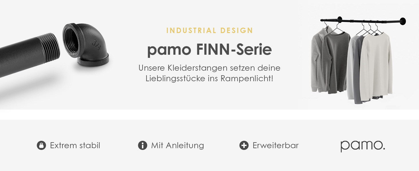 Вішалка для одягу pamo FINN 93 см, індустріальний лофт, настінна або стельова, чорна металева труба