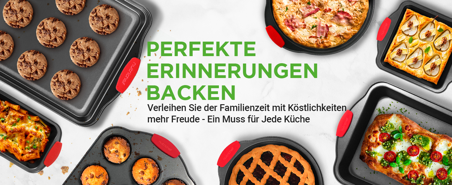 Набір форм для випічки NutriChef 8 шт. з антипригарним покриттям, включає: кексова форма, форма для піци, роз'ємна форма та інше. Підходить для духовки, миється в посудомийній машині, можна складати. Без PFOA, PFOS та PTFE.