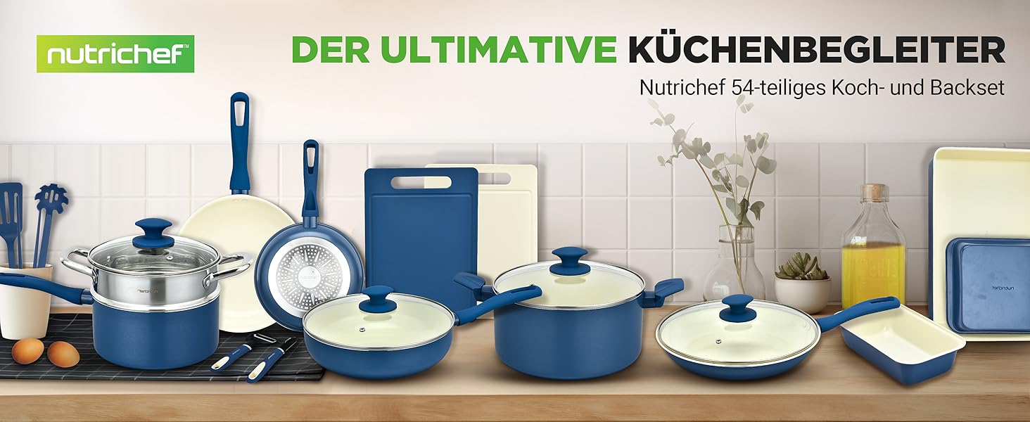 Набір кухонного посуду NutriChef 54 елементи – сковороди, каструлі, аксесуари, з ножами, формами для випічки – для Induktion, газу та електро – здорове та знежирене приготування їжі