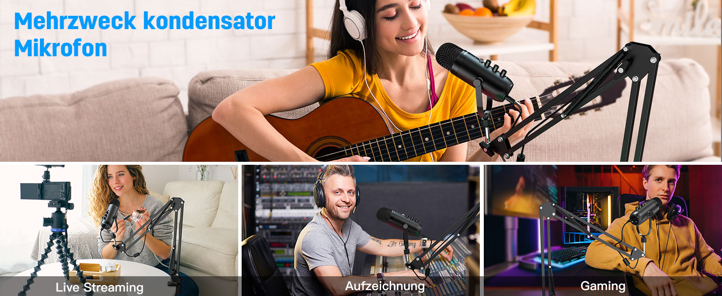 Zealsound USB мікрофон для подкастів та вокалу з шумозаглушенням (чорний) для ПК, телефону, YouTube, PS5, iPhone, Mac. З підставкою-держателем та адаптерами.