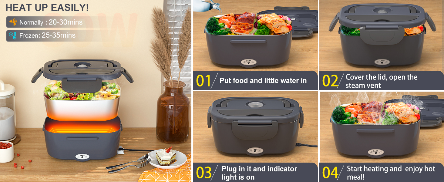 Електрична ланчбокс Carsolt 80W 1,5L з 3 функціями (нагрівання, термобокс, ланчбокс) для авто, офісу та дому. Висока якість, сірий колір, 12V/24V/230V, знімний контейнер. Безпечна від протікання.