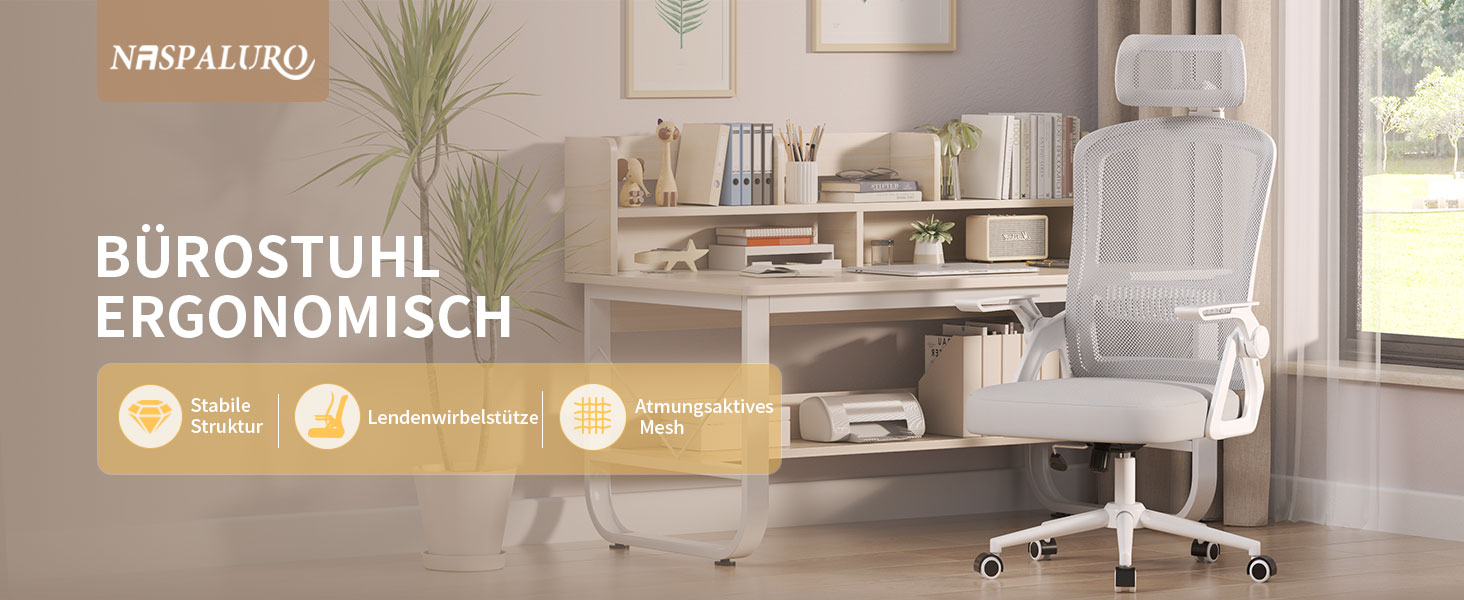 Офісний крісло Naspiro Ergonomic, регульована висота, поворотне, з дихаючою спинкою з сітки, відкидні підлокітники на 90°, підтримка попереку, щільна піна, для дому/офісу (Сірий-1, з підголовником)