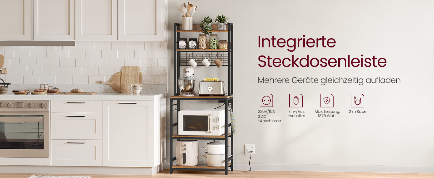 Стелаж кухонний VASAGLE з розетками, для мікрохвильової печі, з решіткою, 14 гачків, антрацит-чорний, 40x60x170 см, вінтажний коричневий + чорний