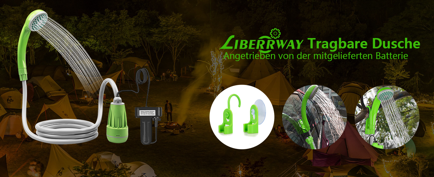 Портативний душ LIBERRWAY з насосом і акумулятором, 2м шланг, для кемпінгу, саду, пляжу, подорожей, миття авто, чорний