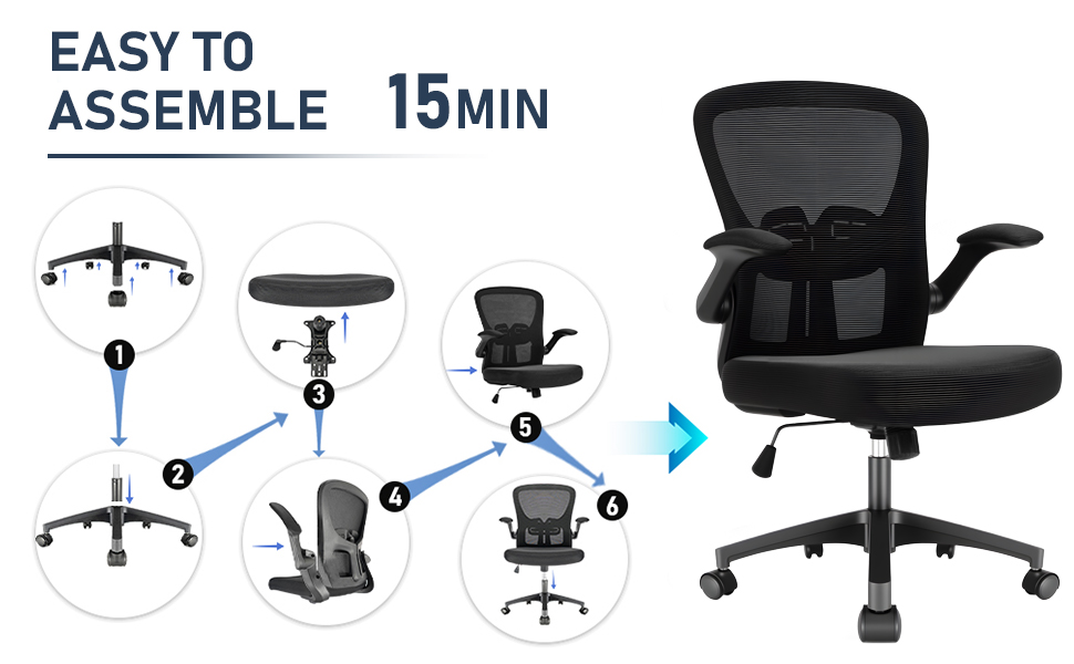Ергономічне крісло для офісу та робочого столу з підйомними підлокітниками, регульованою підтримкою попереку, регульованою висотою поворотного сидіння та спинкою з сіткою, що нахиляється до 130°, чорне