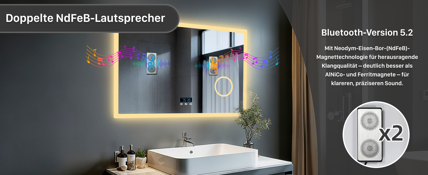 Дзеркало для ванної кімнати LUVODI з підсвічуванням 100x70 см: годинник, температура, дата, проти запотівання, регулювання яскравості, 3 кольори світла, функція пам'яті, LED, Bluetooth, збільшення 3x