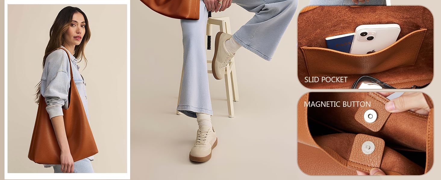 Сумка жіноча KALIDI Shopper Hobo з PU шкіри, вінтажна сумка-тоут з кнопкою, велика для роботи, навчання, повсякденного використання (коричнева)