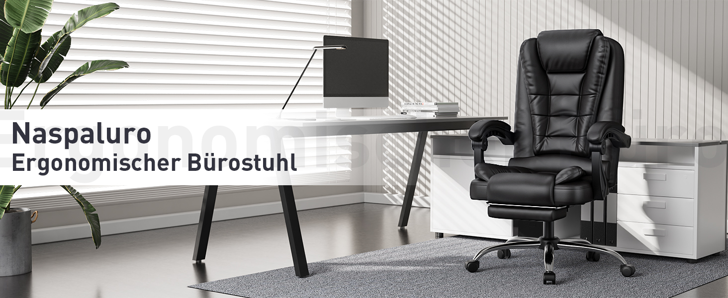 Офісний крісло-шезлонг для кухні/офісу Naspauluro: ергономічний комп'ютерний стілець з високою спинкою, підлокітниками та регулюванням висоти, функція нахилу, поворотний, з підніжкою (чорний)