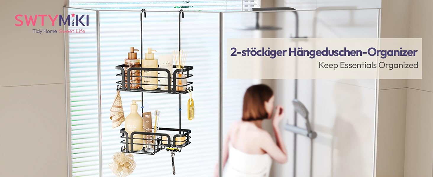 Поличка для душу SWTYMIKI з мильницею та 11 гачками, з нержавіючої сталі, чорна