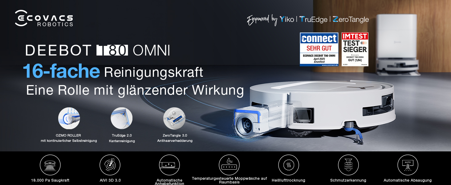 Робот-пилосос ECOVACS DEEBOT T80 Omni з функцією миття підлоги, 18000 Па, OZMO Roller, автоматичне миття мопів, ZeroTangle 3.0, миття гарячою водою (40-75°C), білий