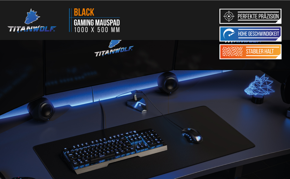 Килимок для миші TITANWOLF XXL 900x400 мм - чорний, для геймінгу, великий розмір