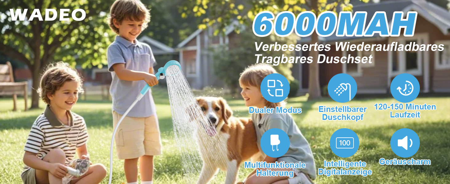 Портативний душ WADEO для кемпінгу з акумулятором 6000/8000 мА·год, мобільний душ із помпою, шлангом і лійкою, для подорожей, саду, авто, подвійний цифровий дисплей, синій